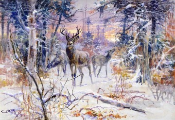 deer in a snowy forest 1906 Charles Marion Russell Indiana cowboy Oil Paintings